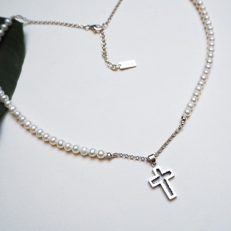 cross pearl necklace_十字架珍珠項鍊 5mm淡水珍珠 - 項鍊 - 珍珠 白色