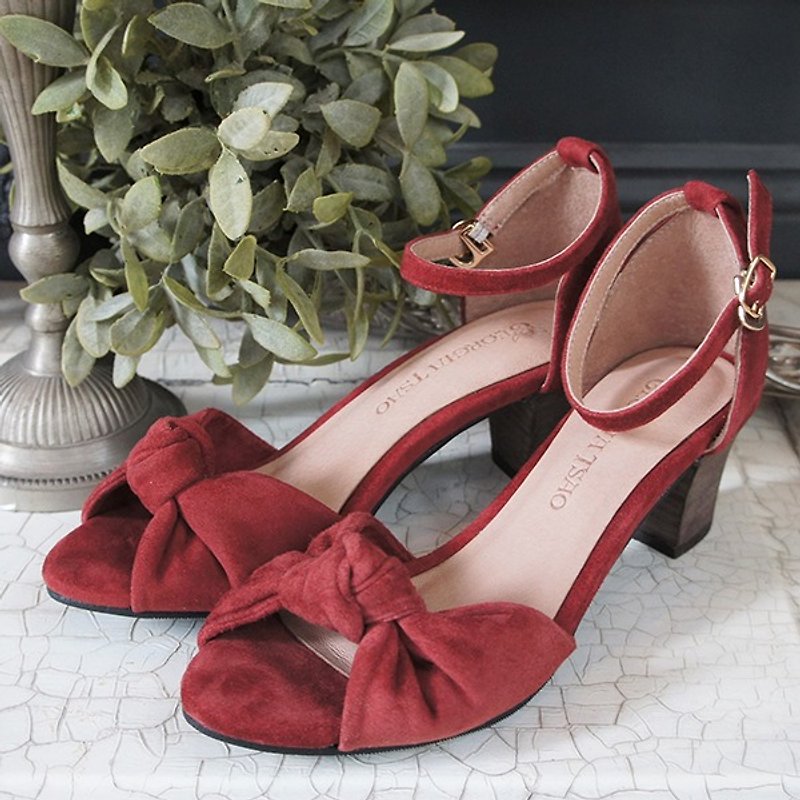GT full leather twisted bow with sandals - wine red - Sandals - Genuine Leather Red