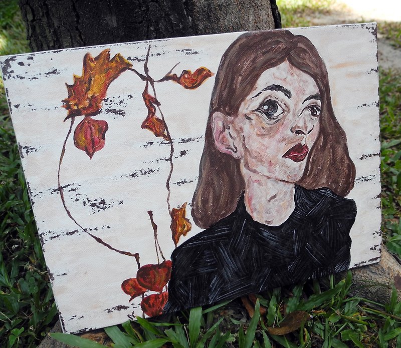 PuChi / Self-Portrait / Autumn Yi / Thinking / Original Painting - ポスター・絵 - 紙 ブラウン