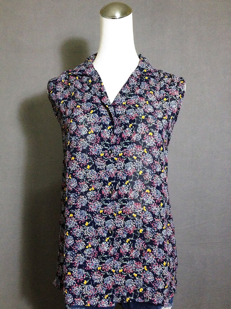 Ping-pong vintage [vintage shirt / Nippon blue flowers chiffon sleeveless vintage shirt] abroad back VINTAGE - Women's Shirts - Polyester Multicolor