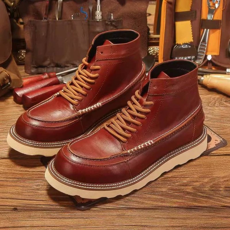 British Style Genuine Leather Men High-top Shoes Round Toe Motorcycle Boots - รองเท้าบูธผู้ชาย - หนังแท้ สีนำ้ตาล