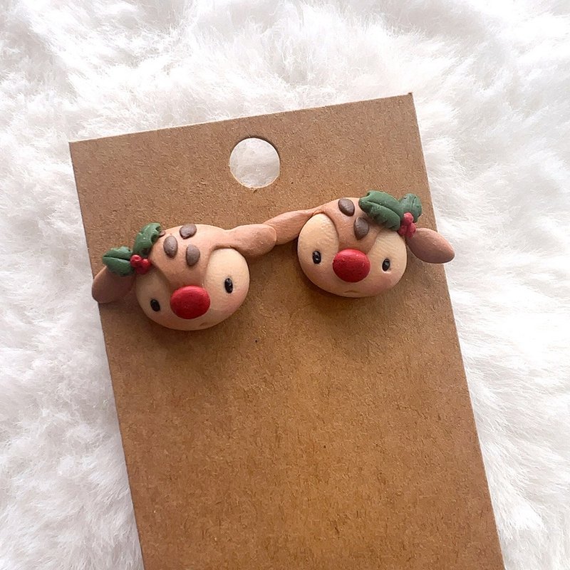 Rabbit bag Christmas limited edition elk baby soft clay earrings stud earrings - ต่างหู - ดินเหนียว สีนำ้ตาล