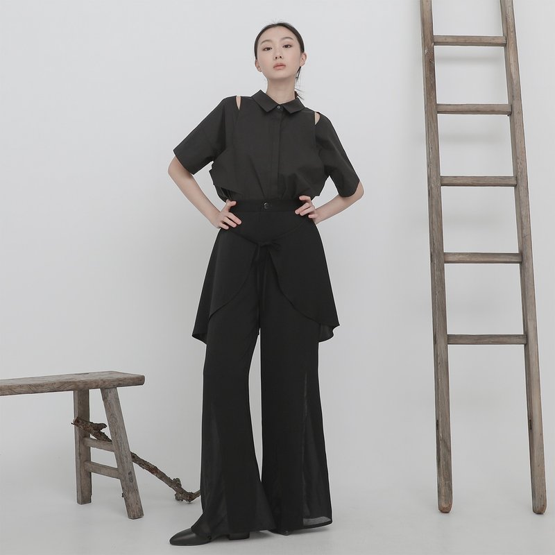 台北時裝週限定款/Qing_清・拼接落地長褲_23SF204_黑 - 女長褲 - 聚酯纖維 黑色