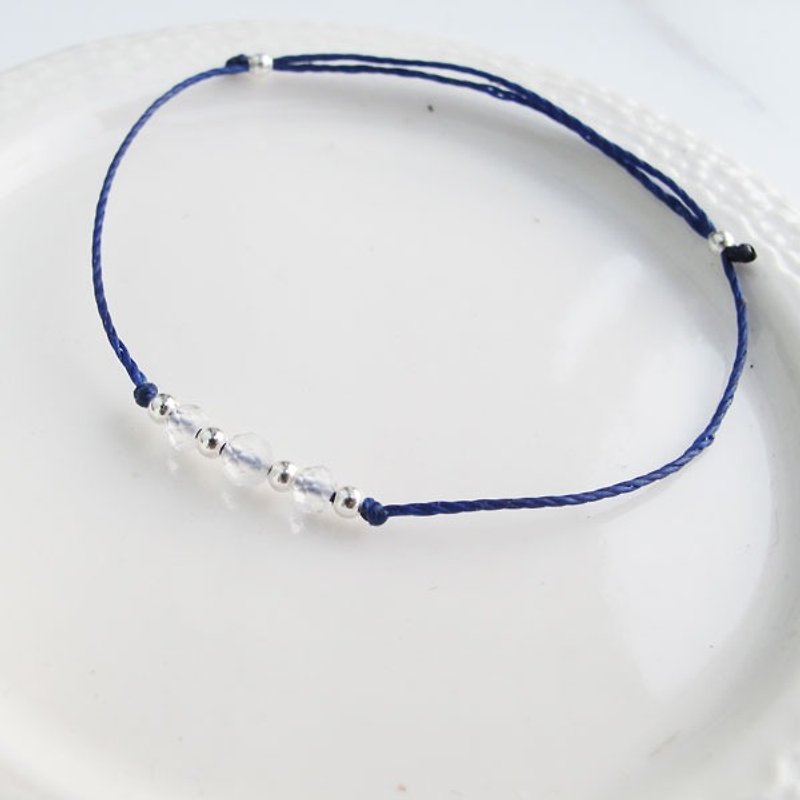 Big staff Taipa [manual silver] moonlight stone × white crystal × cutting beads super fine wax rope bracelet - สร้อยข้อมือ - เครื่องเพชรพลอย สีน้ำเงิน