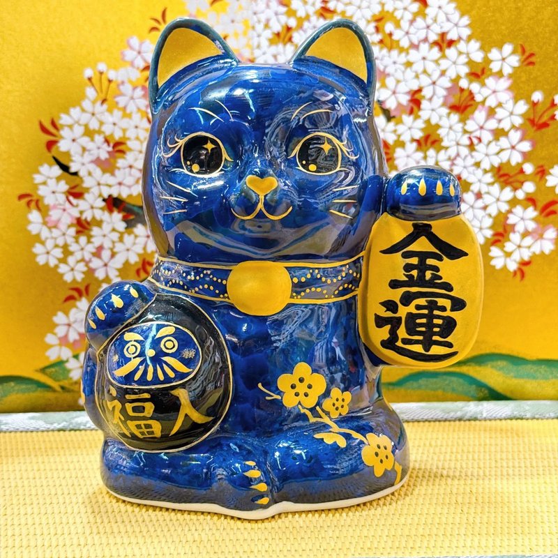 【墨達聚金】日本清水燒招財貓 | 達摩 花結晶 - 青墨 金運 - 擺飾/家飾品 - 瓷 藍色