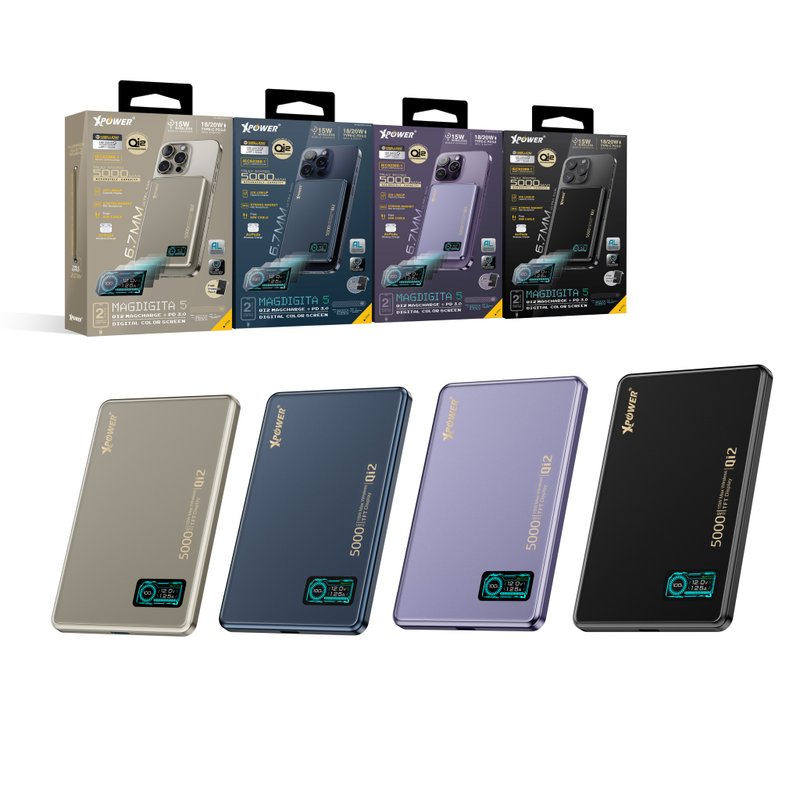 XPower MagDigita5 彩屏顯示鋁合金外殼 5000mAh QI2磁吸移動電源 - 行動電源/充電線 - 其他金屬 多色