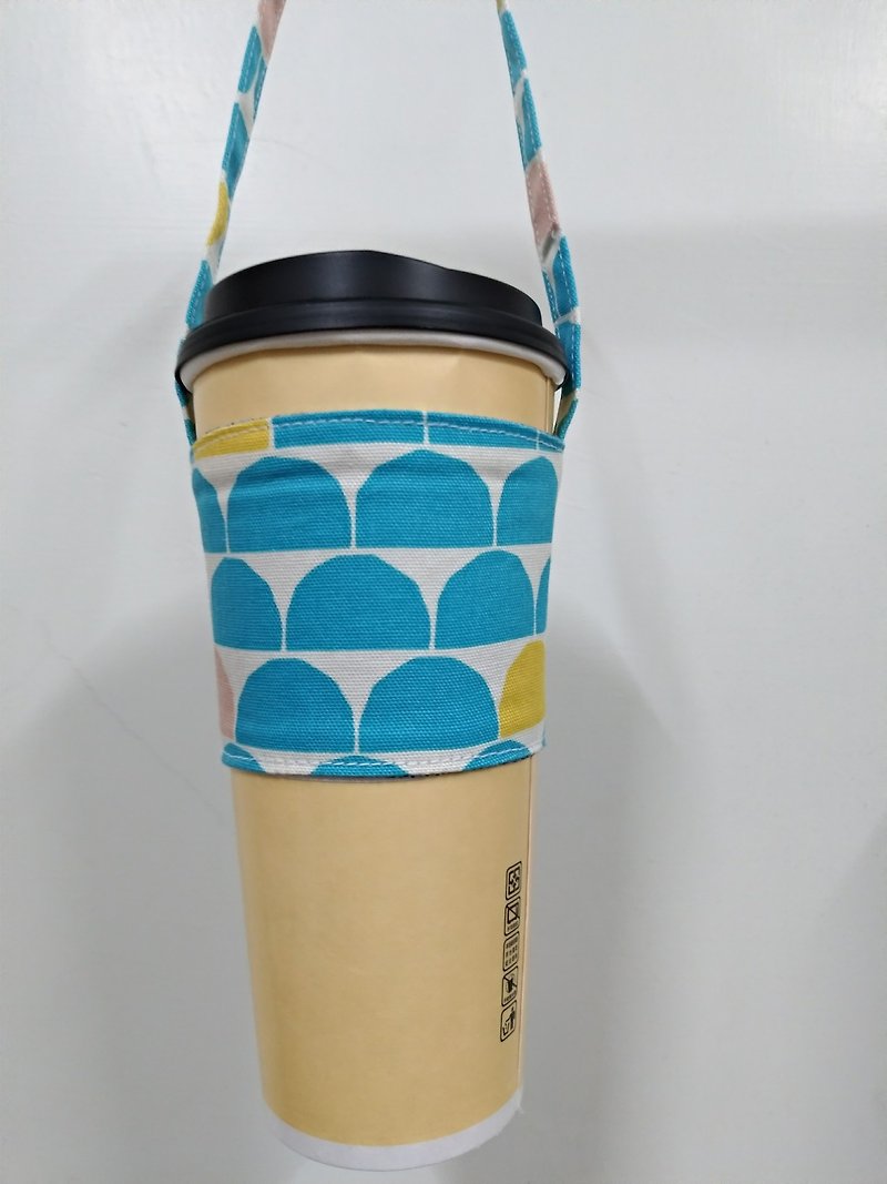 Drink Cup Set Eco Cup Set Hand Drink Bag Coffee Bag Tote Bag - Semicircle (Blue Point on White) - ถุงใส่กระติกนำ้ - ผ้าฝ้าย/ผ้าลินิน 