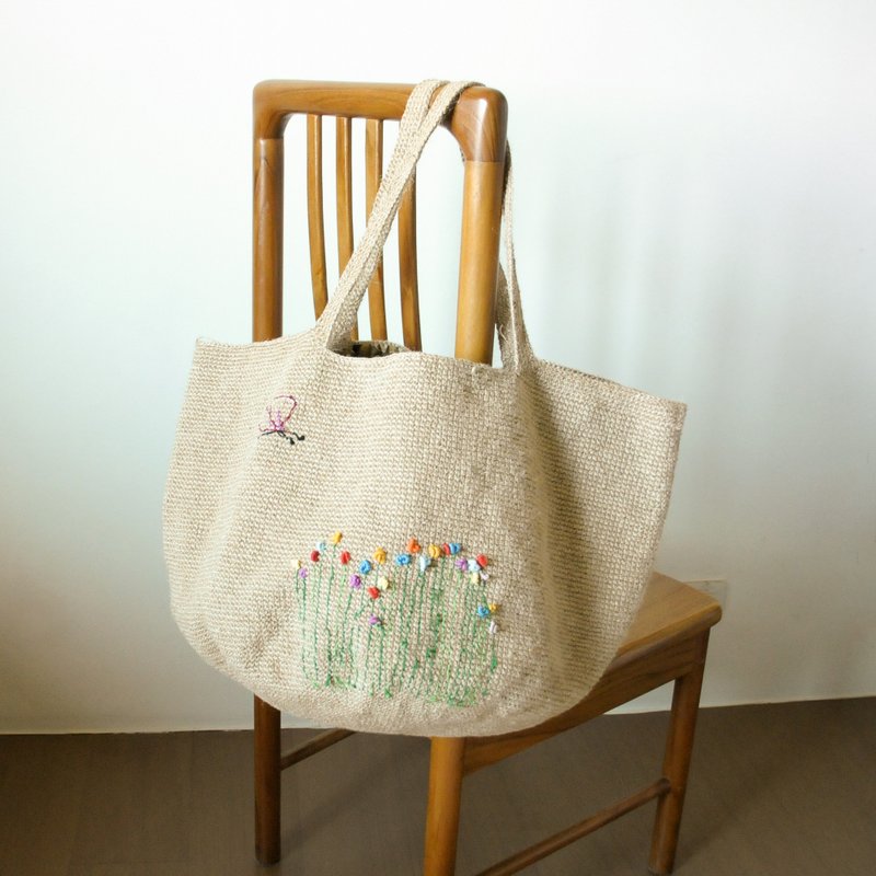 Butterfly & Floral Woven Tote / Hemp Rope Bag / Shoulder Bag / Woven Bag / Large Tote - Handbags & Totes - Cotton & Hemp Khaki