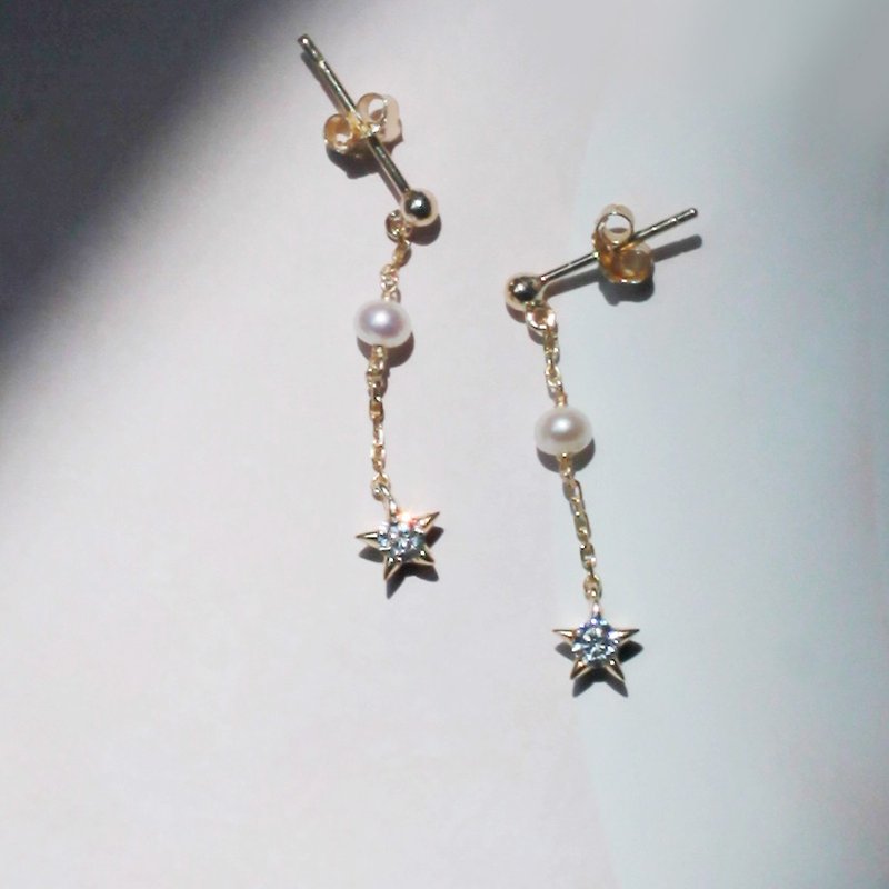 Miss Gold Star Necklace 925 Sterling Silver Gold Pearl Necklace - ต่างหู - โลหะ สีทอง