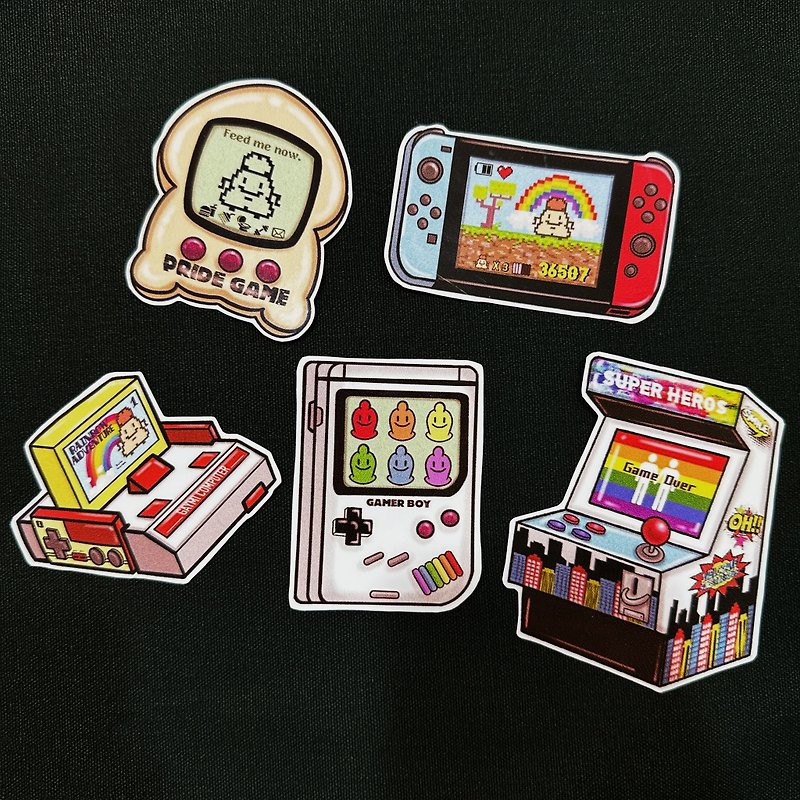 Hand-painted retro video game console waterproof sticker set of 5 rainbow stickers - สติกเกอร์ - กระดาษ หลากหลายสี