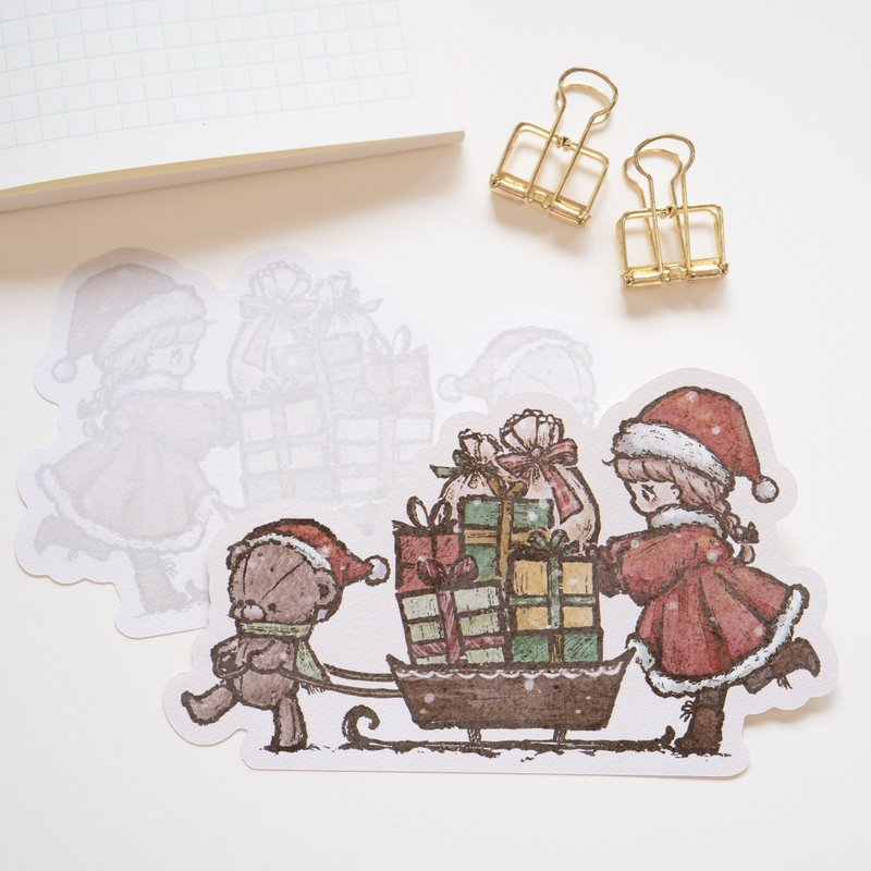 異形便簽紙 - 搬運禮物的女孩與泰迪熊 / 聖誕節 - 便條紙/便利貼 - 紙 紅色