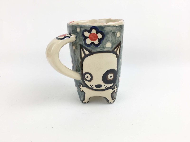 Nice Little Clay Handmade Cup_Boy and Black Wheel Dog 0110-02 - Mugs - Pottery Gray