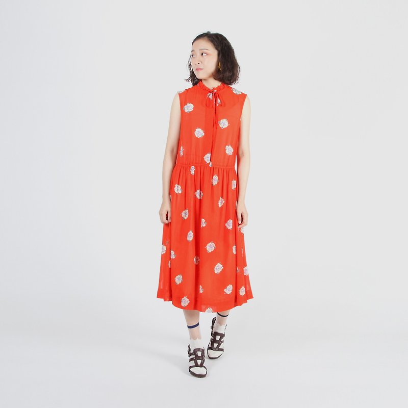 [Egg plant vintage] 嫣红白玫印花 sleeveless vintage dress - One Piece Dresses - Polyester Red