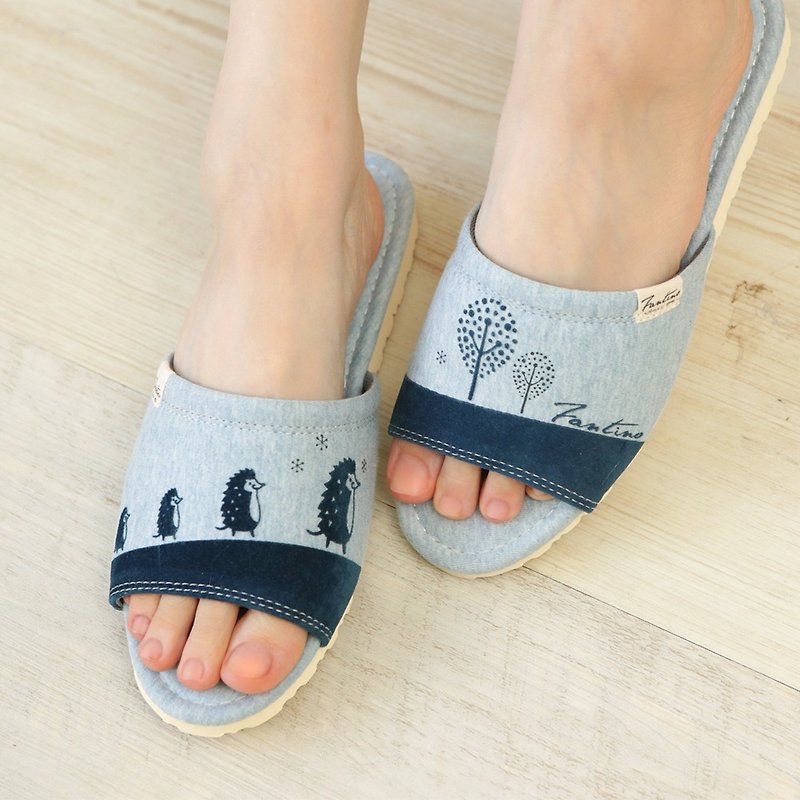 [Out of print] Organic cotton flocking indoor slippers (Hedgehog family) Twist blue / Valentine gift - รองเท้าแตะในบ้าน - ผ้าฝ้าย/ผ้าลินิน สีน้ำเงิน