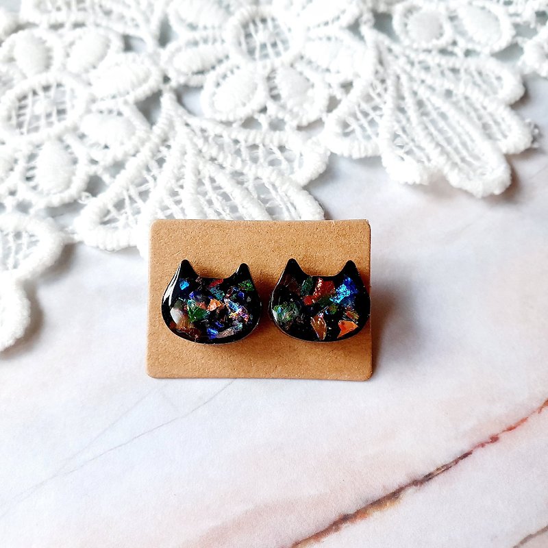 316 Medical Steel Halloween Earrings Ear Acupuncture Ear Clip-On Cat Black Cat Shiny Gift Handmade Healing - Earrings & Clip-ons - Resin Black