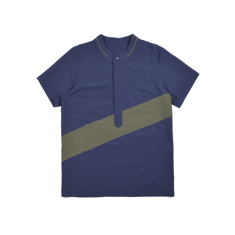 oqLiq - AdHeRe - 山川變種亨利領短袖上衣(藍綠拚色) - T 恤 - 其他人造纖維 藍色