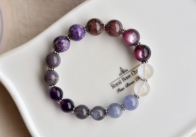 Moonstone + Tanzanite + Iolite + Aurora Crystal + Amethyst + Lepidolite Sterling Silver Bracelet - Bracelets - Crystal Purple