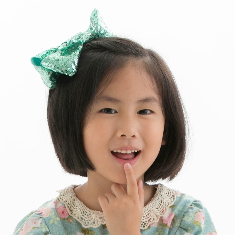 亮片大蝴蝶結髮夾 全包布手工髮飾 El Sequin Bow-Mint - 嬰兒飾品 - 聚酯纖維 綠色