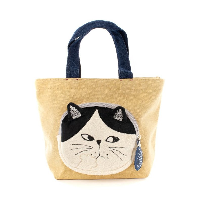 Kusuguru Japan portable shoulder bag Japanese glasses cat facial expression compact bag beige - กระเป๋าถือ - ไฟเบอร์อื่นๆ สีเหลือง