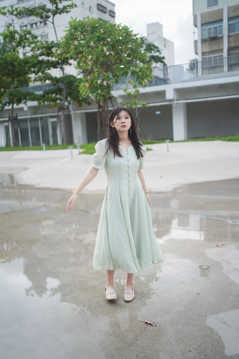 Innocence Department Store Vintage Vintage Dress Green Apple Dress - ชุดเดรส - วัสดุอื่นๆ สีน้ำเงิน