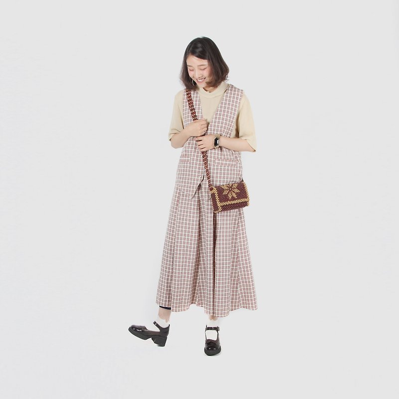 [Egg Plant Vintage] Raspberry Good Time Vest Plaid Skirt Vintage Set - One Piece Dresses - Polyester 