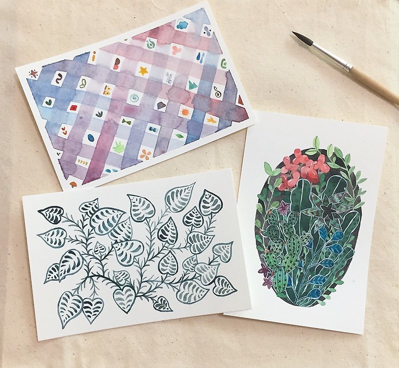 原創水彩手繪禮物萬用卡賀卡明信片裝飾畫卡片植物葉子花朵 - 心意卡/卡片 - 紙 