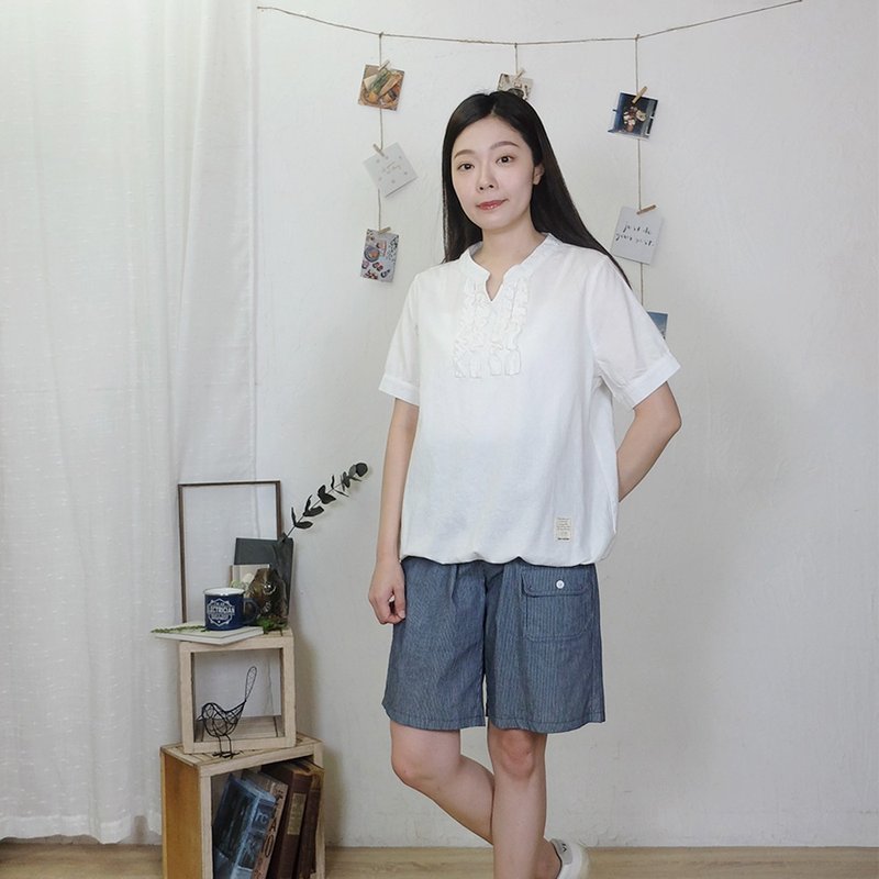 Hana Mokuba 荷葉邊裝飾鬆緊下襬休閒上衣 - 女上衣/長袖上衣 - 其他材質 