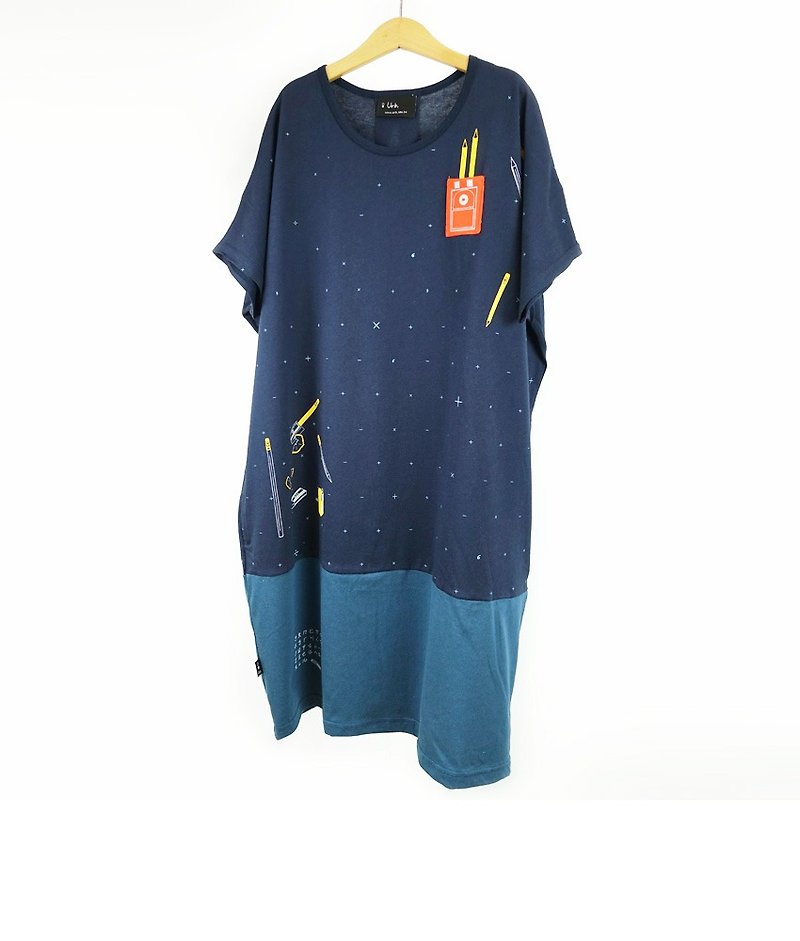 Urb.削鉛筆機 / 口袋洋裝 - 連身裙 - 棉．麻 藍色