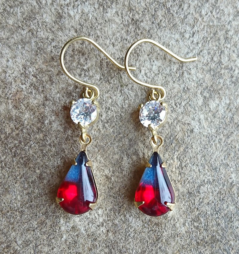 藍紅漸層古董玻璃耳環 - 耳環/耳夾 - 其他金屬 