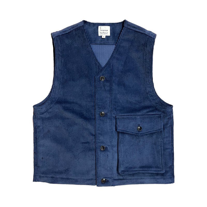 Incense Harbour Corduroy Jerkin Vest - Navy - เสื้อกั๊กผู้ชาย - ผ้าฝ้าย/ผ้าลินิน สีน้ำเงิน