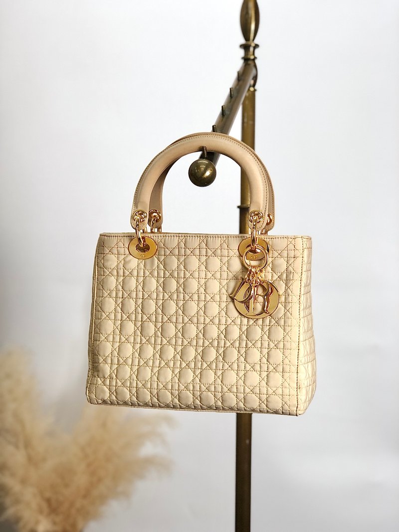 [Direct from Japan Brand Used Bag] Christian Dior Lady Dior Cannage Handbag Beige Nylon svgryv - กระเป๋าถือ - ไนลอน สีนำ้ตาล