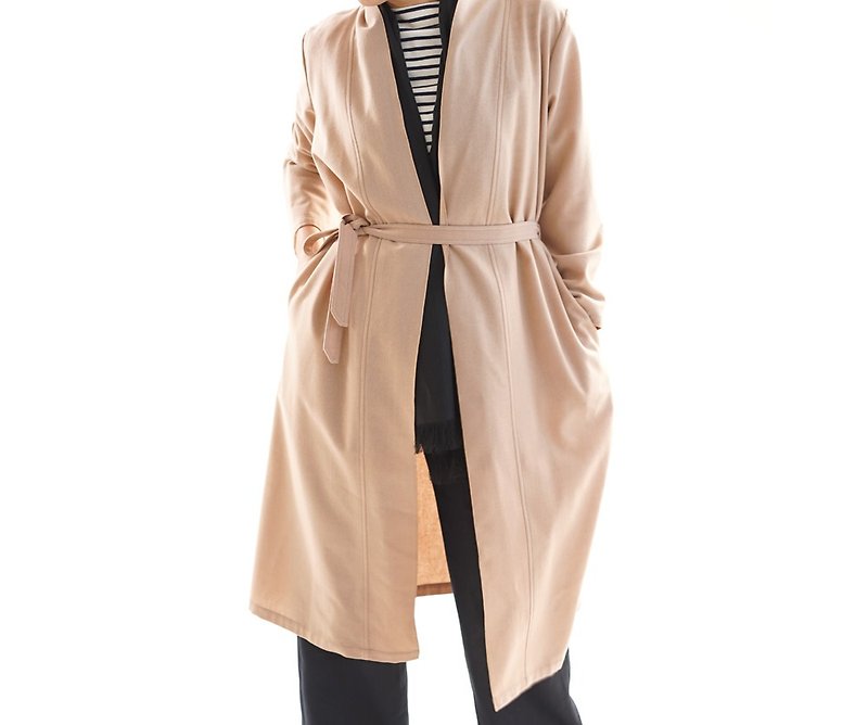 wool wool mellow shawl robe / pink beige b14-13 - ジャケット - その他の素材 透明