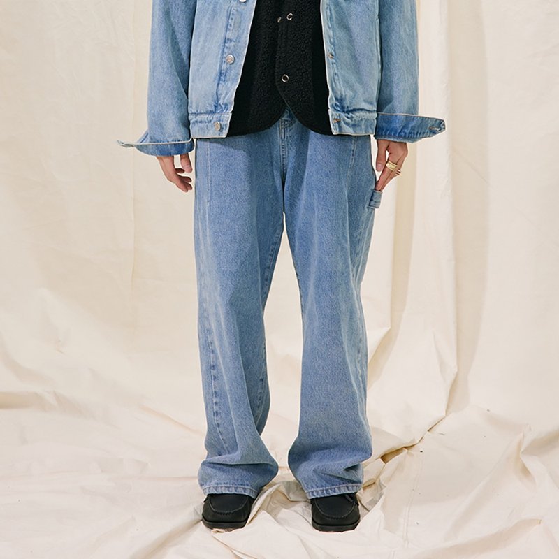 MOKACME VIBE 21AW新品復古間縫重磅洗水做舊直筒工裝牛仔褲 男女 - 男裝工人褲/長褲/牛仔褲 - 棉．麻 藍色