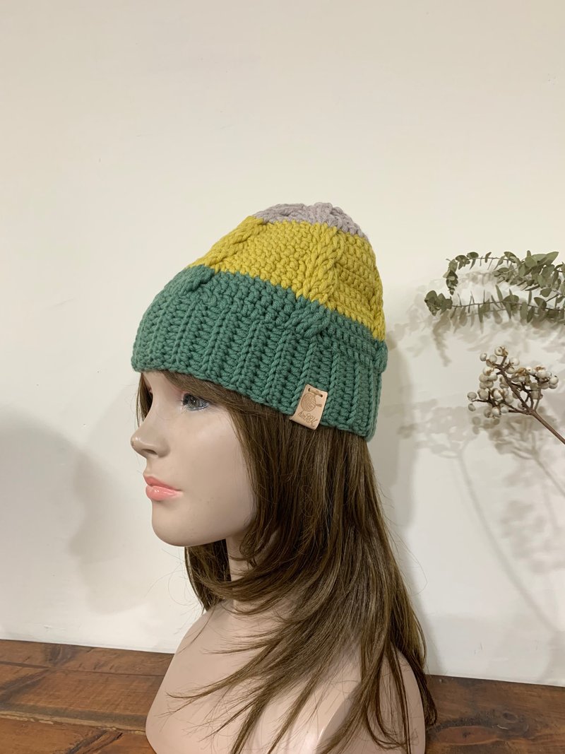 Twist hat series. . Purely handmade. Green/yellow/ Khaki. Suitable for 50-54cm head circumference - Hats & Caps - Wool 