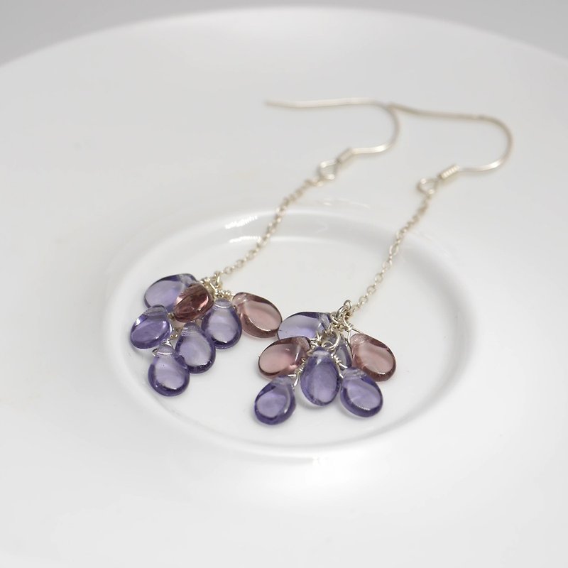 Purple Flower-Morandi Color Glazed Glass Petal Long Earrings 925 Sterling Silver Ear Hook (Can be changed to painless Clip-On) - ต่างหู - กระจกลาย สีม่วง