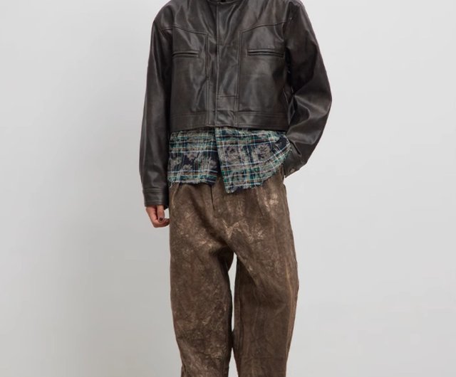 パッチワーク レザー ジャケットフェイクレイヤードパッチワーク