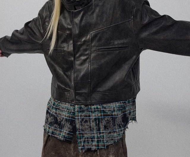 パッチワーク レザー ジャケットフェイクレイヤードパッチワーク