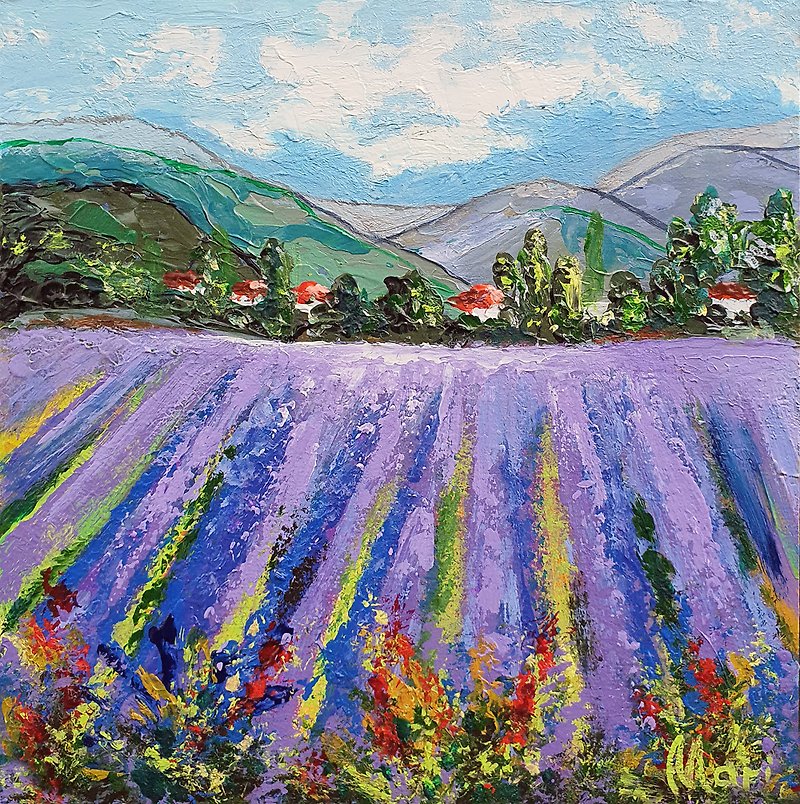 Lavender Painting French Country Fields Original Art Countryside Provence 10by10 - โปสเตอร์ - วัสดุอื่นๆ หลากหลายสี