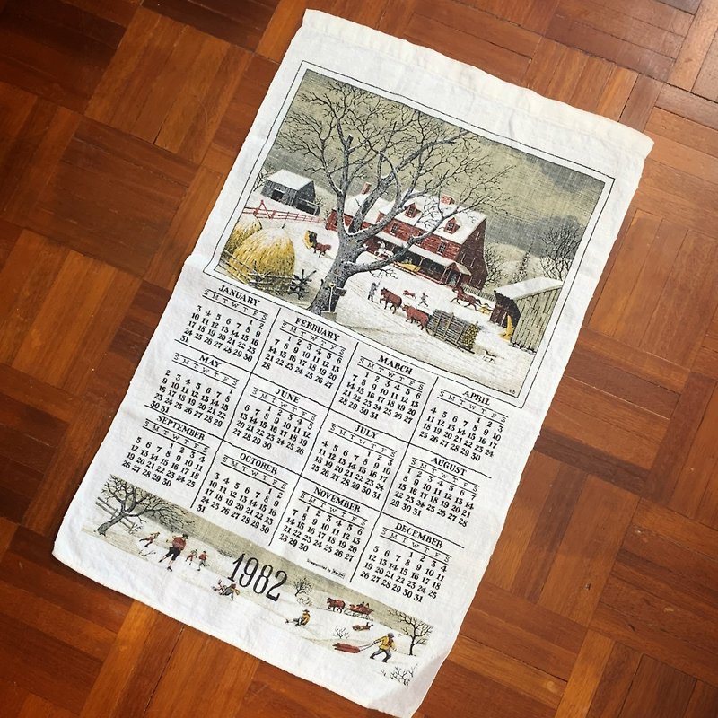 1982年初期のアメリカのキャンバスカレンダー冬の村 - ウォールデコ・壁紙 - コットン・麻 グレー