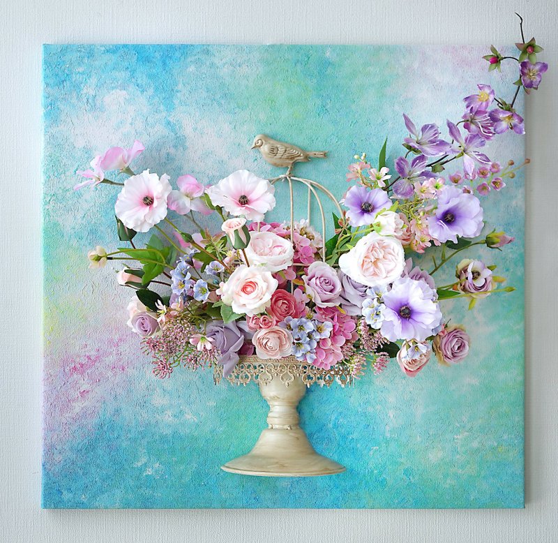 3D 牆面藝術品 花間羽夢 家居佈置設計 仿真花結合畫 送禮 花畫 - 壁貼/牆壁裝飾 - 其他材質 藍色