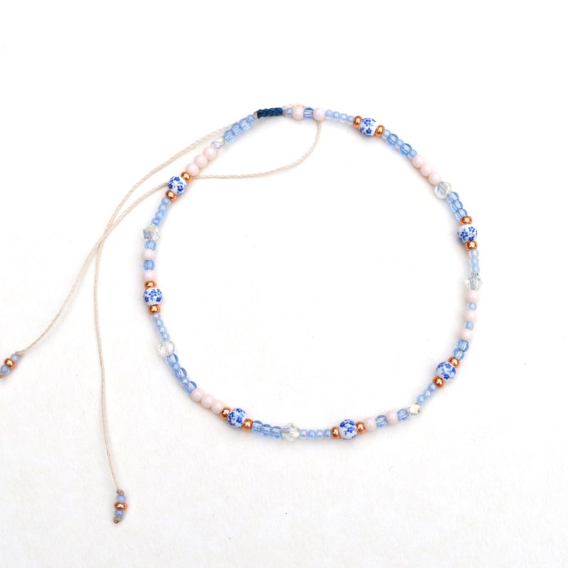 Blue Cream Flower-print beaded adjustable choker necklace - Necklaces - Thread Blue