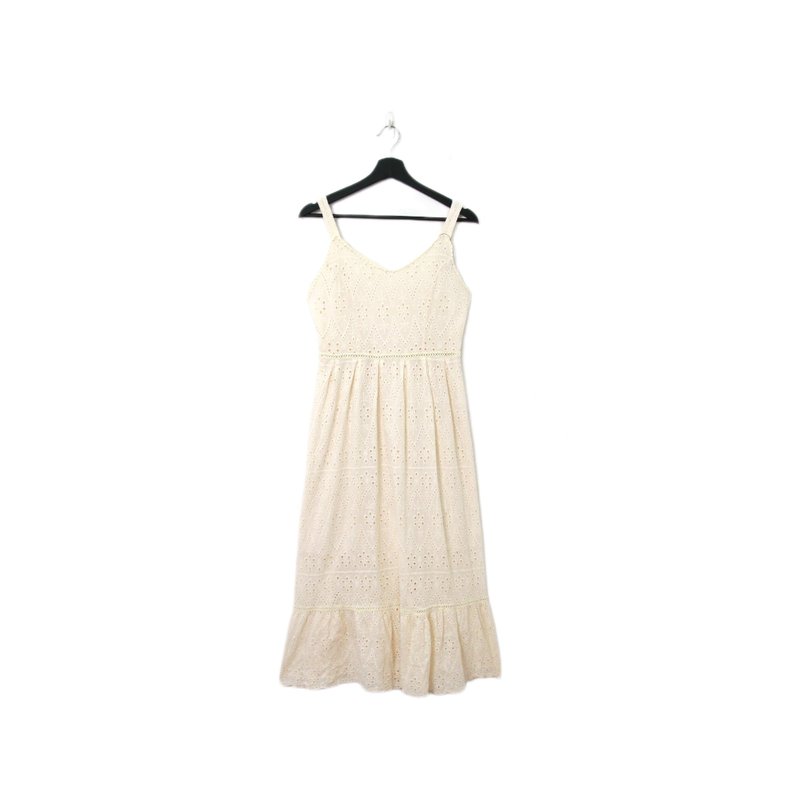 Back to Green-復古長洋裝 簍空花紋 米白 Ls-26//vintage dress - 洋裝/連身裙 - 棉．麻 