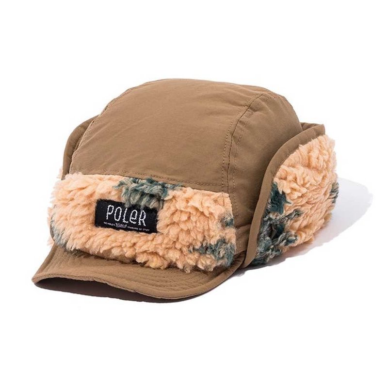 Japan limited POLER JACQUARD SHERPA FLAP CAP sherpa flip hat ear hat - หมวก - วัสดุอื่นๆ สีกากี