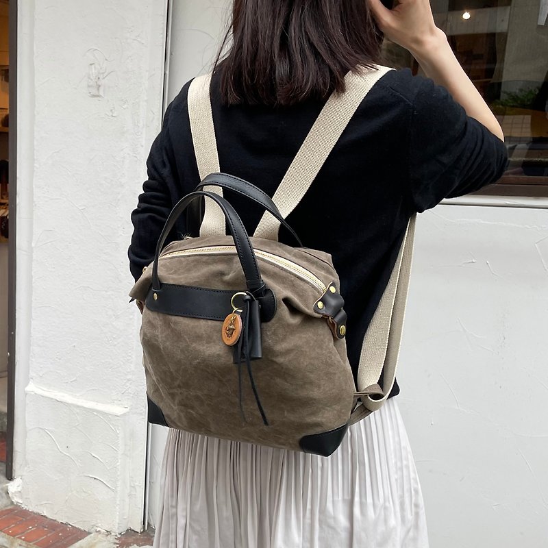 pippi / olive tannin dyed canvas x leather shoulder bag - Handbags & Totes - Cotton & Hemp Green