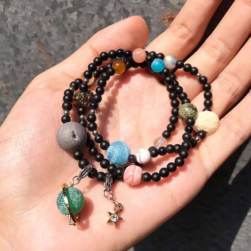 【Lost And Find】Natural  stone 3 rounds galaxy planet bracelet - Bracelets - Gemstone Multicolor