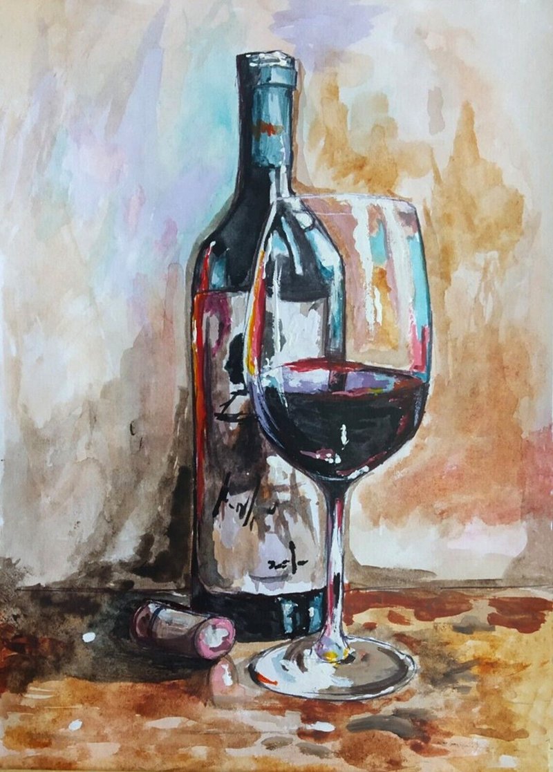 original watercolor painting, still life with a bottle of wine and a glass - 壁貼/牆壁裝飾 - 紙 多色