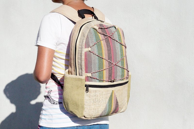 ผ้าฝ้าย/ผ้าลินิน กระเป๋าเป้สะพายหลัง หลากหลายสี - Limited after a hand stitching design cotton backpack / shoulder bag / ethnic mountaineering bag / Patchwork bag - rainbow colored geometric ethnic Backpack