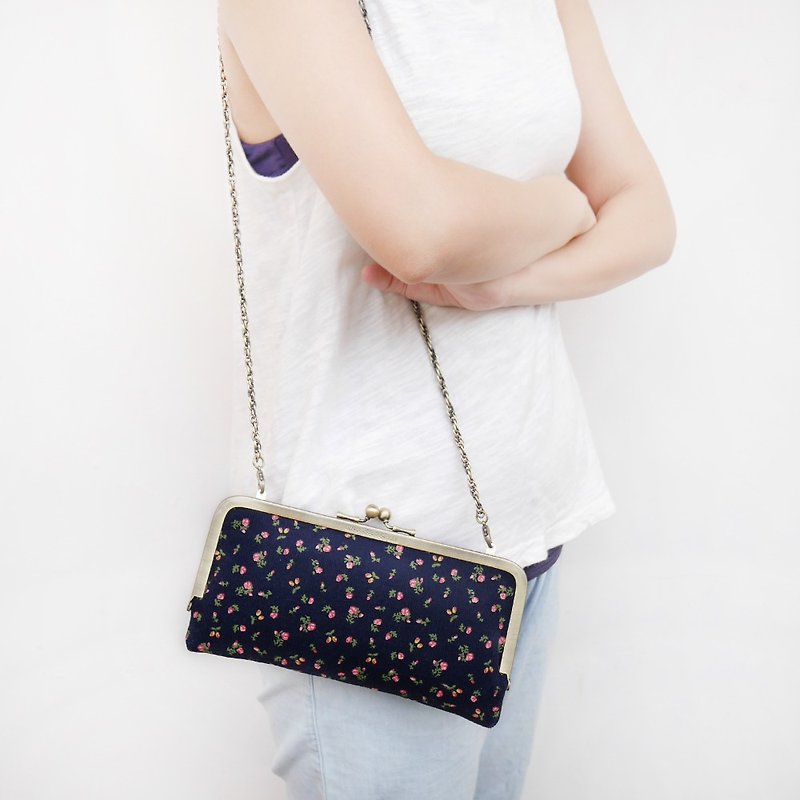Small red flower shoulder bag gold shoulder bag / long clip / phone bag [Made in Taiwan] - Messenger Bags & Sling Bags - Other Metals Blue