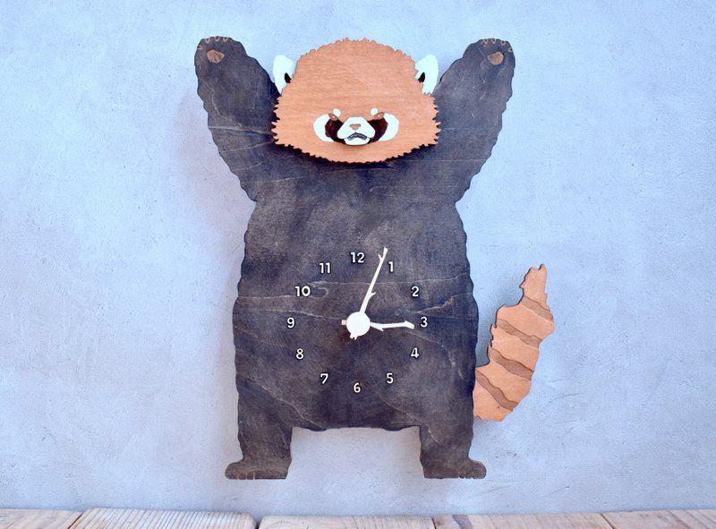 A clock wooden wall clock where a lesser panda protects the world with a menacing pose - นาฬิกา - ไม้ สีนำ้ตาล