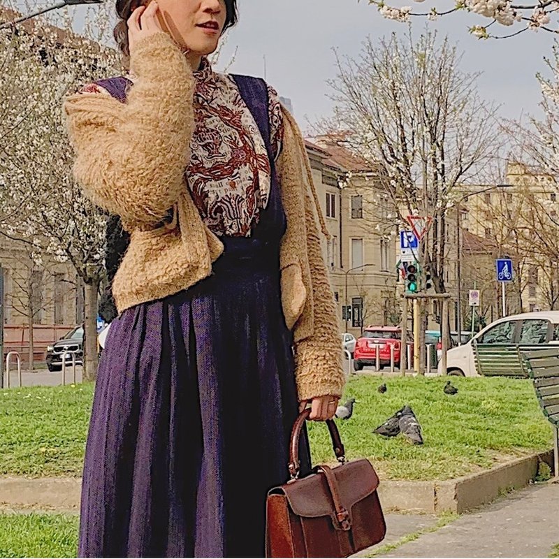 歐洲古著 義大利製 Sonia Rykiel 綁帶 咖啡與黑色羊毛外套 - 女毛衣/針織衫 - 羊毛 咖啡色